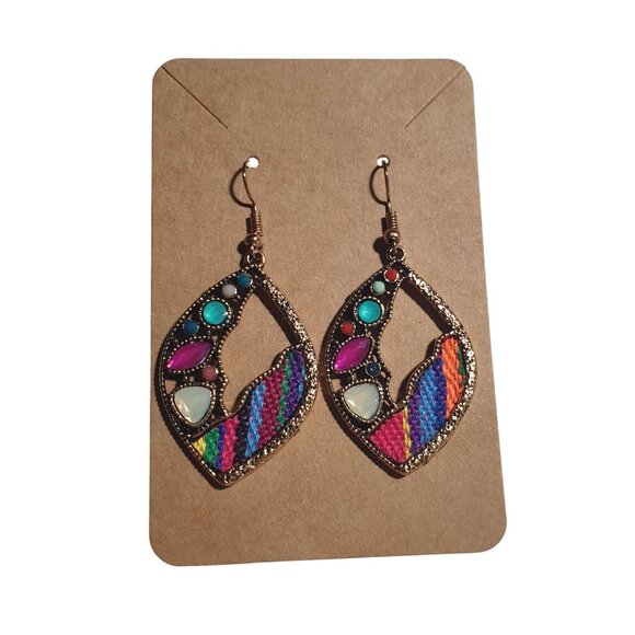 Bohemian Multicolor Teardrop Earrings Acrylic Gemstone Woven Design Beach Core - Picture 1 of 4